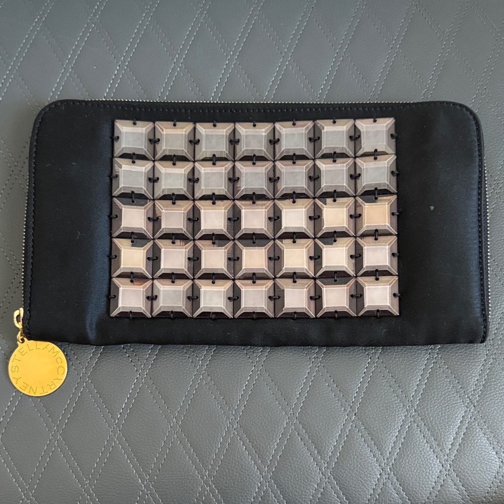 Stella McCartney Black Satin Clutch with Geometric Accents